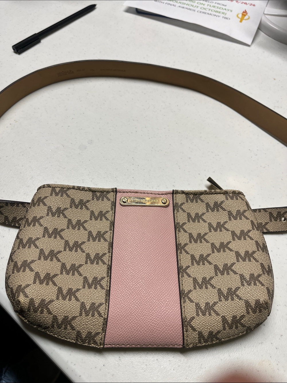 Michael Kors Tan MK Logo Mini Belt Bag with Pink Center Stripe